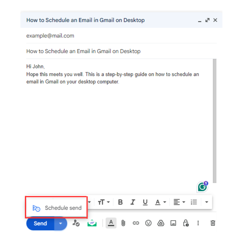 Clicking the down arrow button in front of Send reveals the Schedule send button