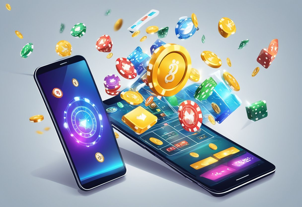 A smartphone spinning in the air, surrounded by various online gambling icons and graphics, showcasing the revolution of mobile gambling