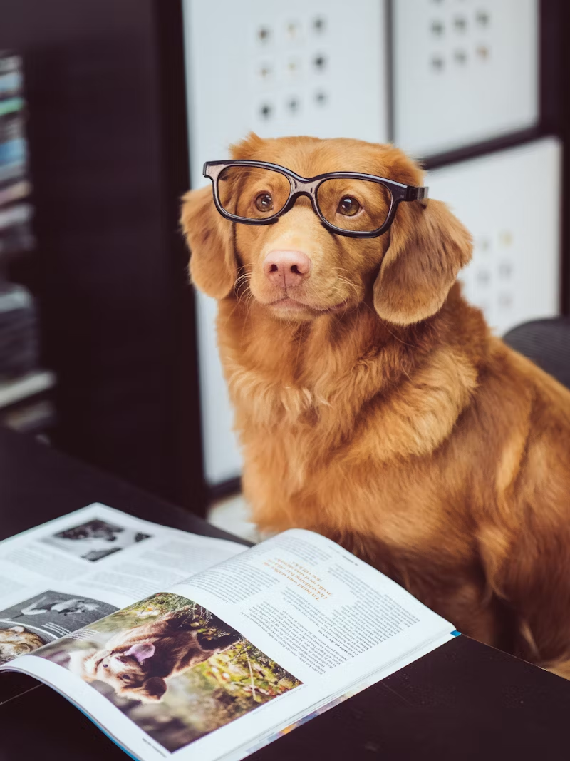 Golden retriever in glasses reading a book