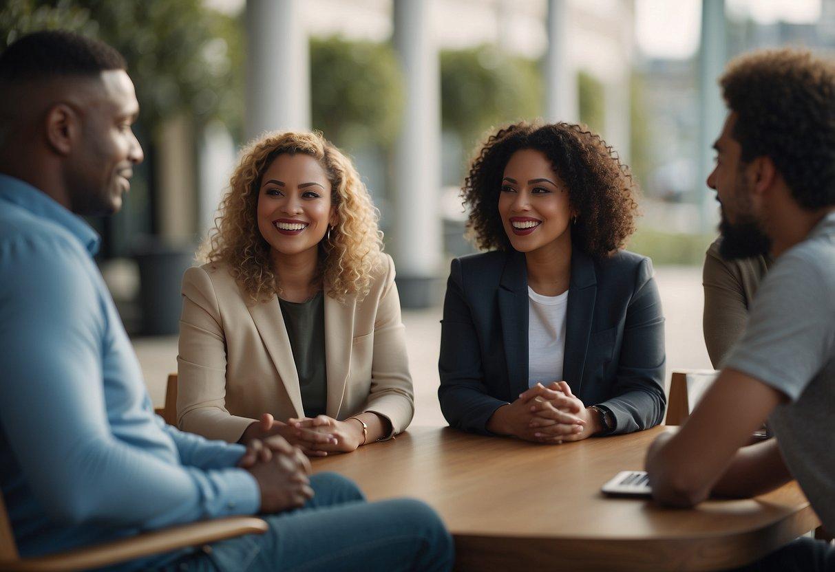 A group of diverse individuals engage in respectful and open dialogue, using clear and inclusive language, while actively listening and considering different perspectives