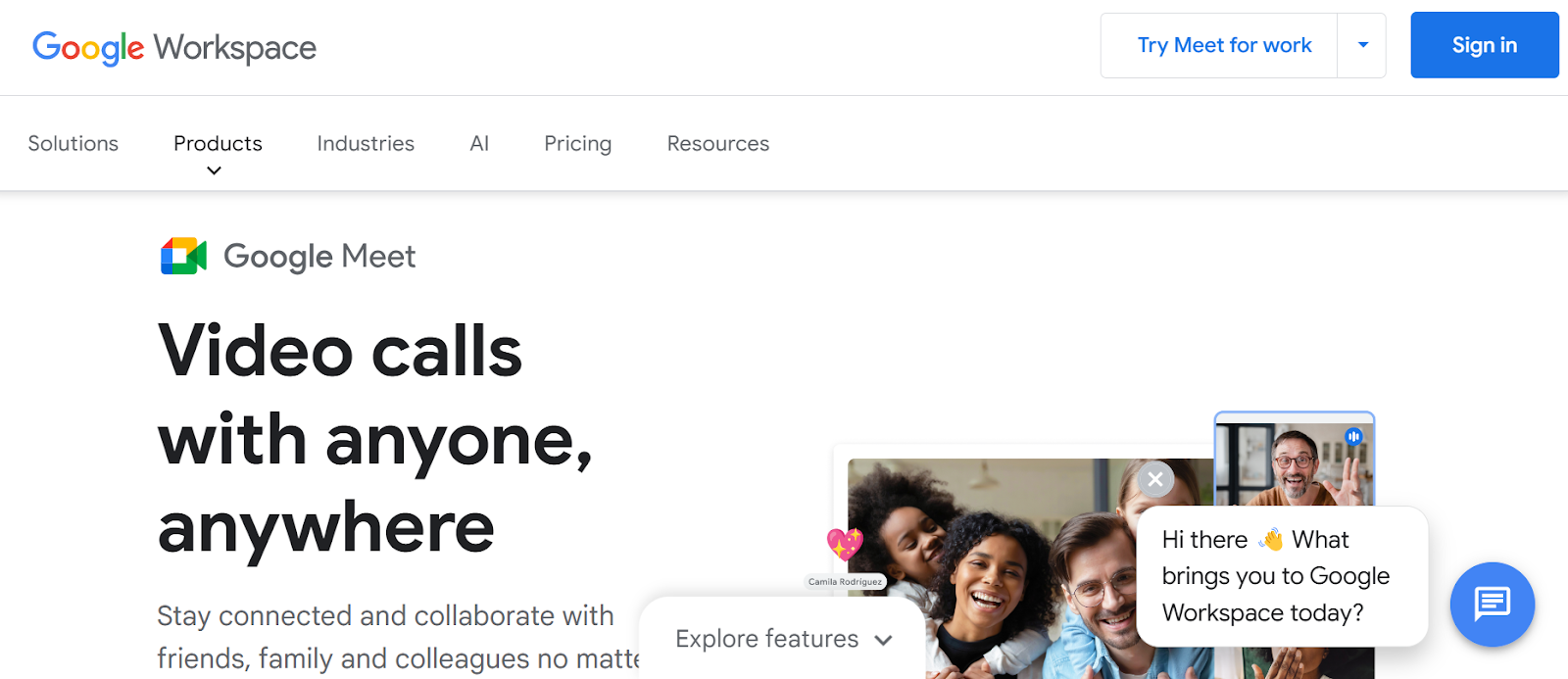 Google Meet website snapshot highlighting the services it offers.