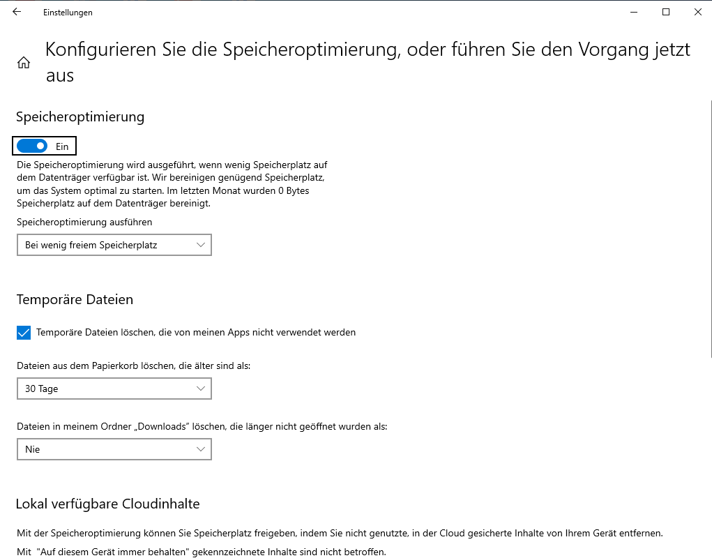 Automatisches Löschen von temporären Dateien in der Speicheroptimierung