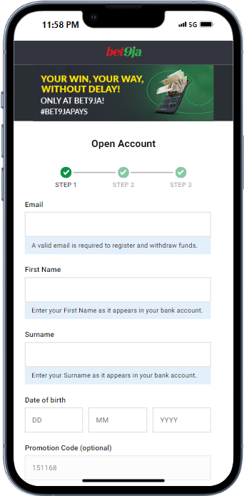 Bet9ja Sign Up page