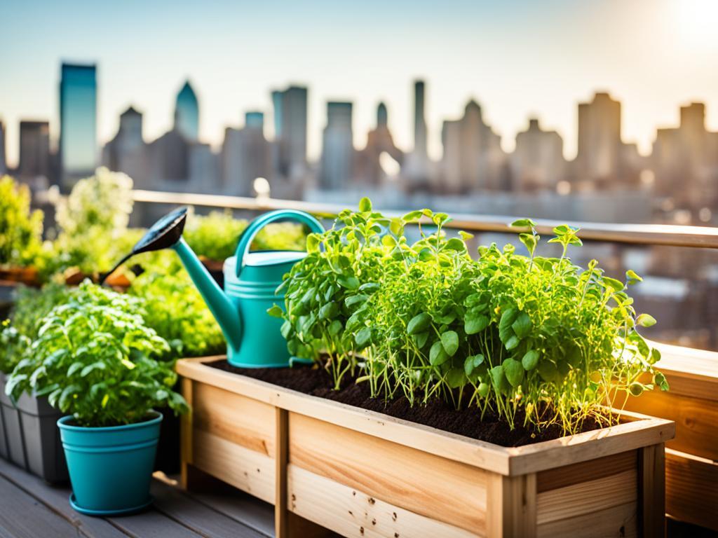 organic garden terrace -image of  plant growing in a brown box