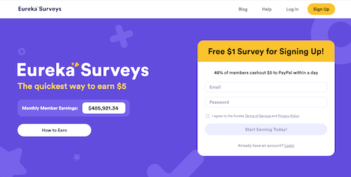 The Eureka Surveys website, advertising the site as the quickest way to earn $5 and showcasing monthly member earnings of nearly half a million dollars.