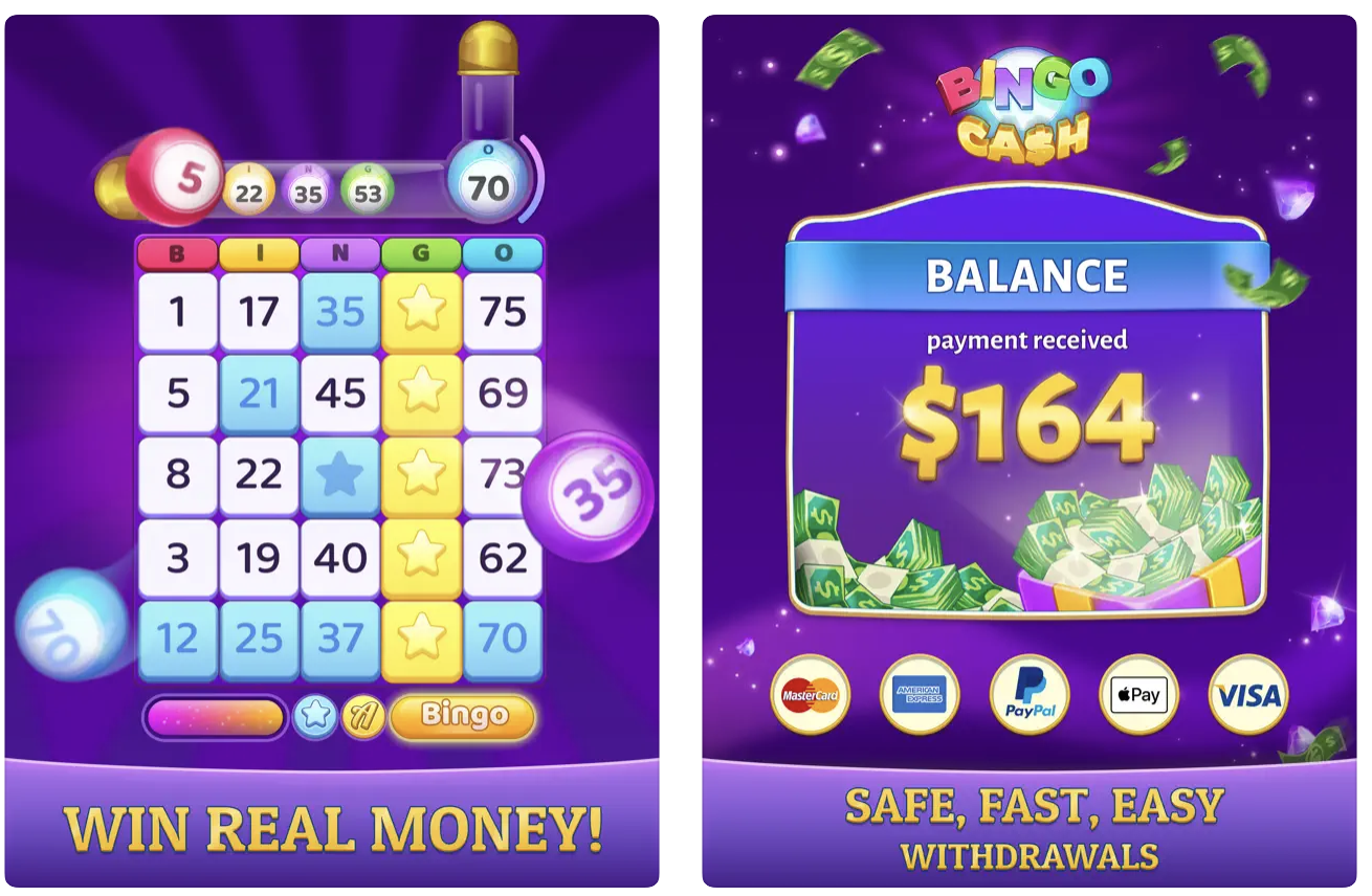 Bingo Cash gameplay in progress and a screenshot of a $164 balance and the option to withdraw via MAsterCard, American Express, PayPal, Apple Pay, or Visa. 