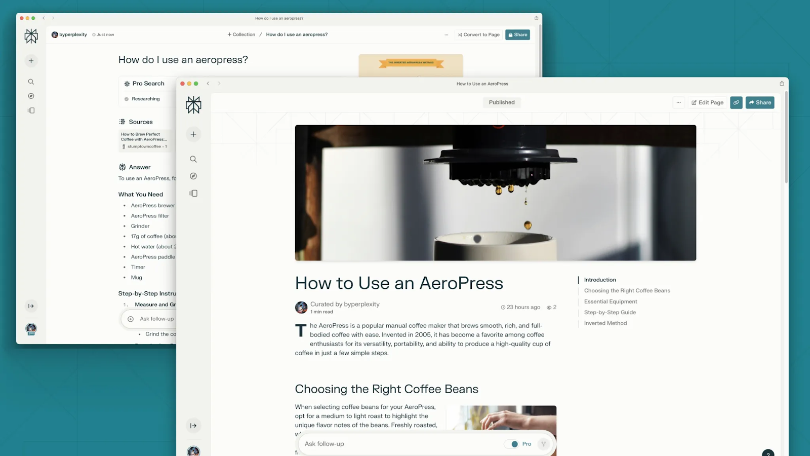 An image of Perplexity and their new feature that turns searches into sharable images. The first webpage is a search saying "how do i use an aeropress?" then the second webpage is of an article titled "how to use an aeropress". 