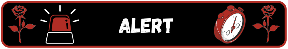 "Alert" in white font on a black background. On the left, a red and white siren, and on the right, a red and white alarm clock.