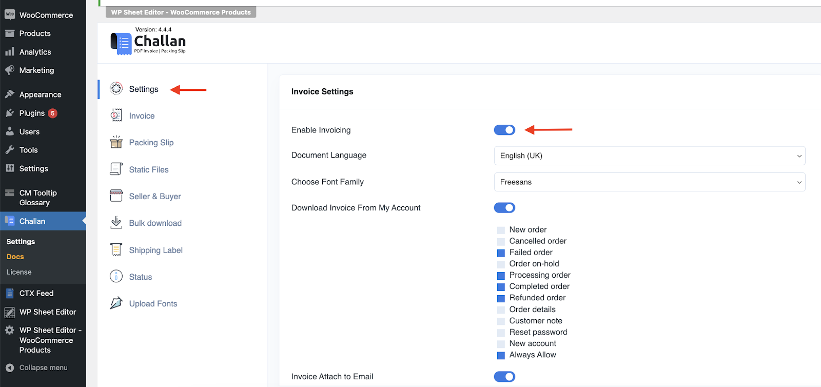 packing slip settings