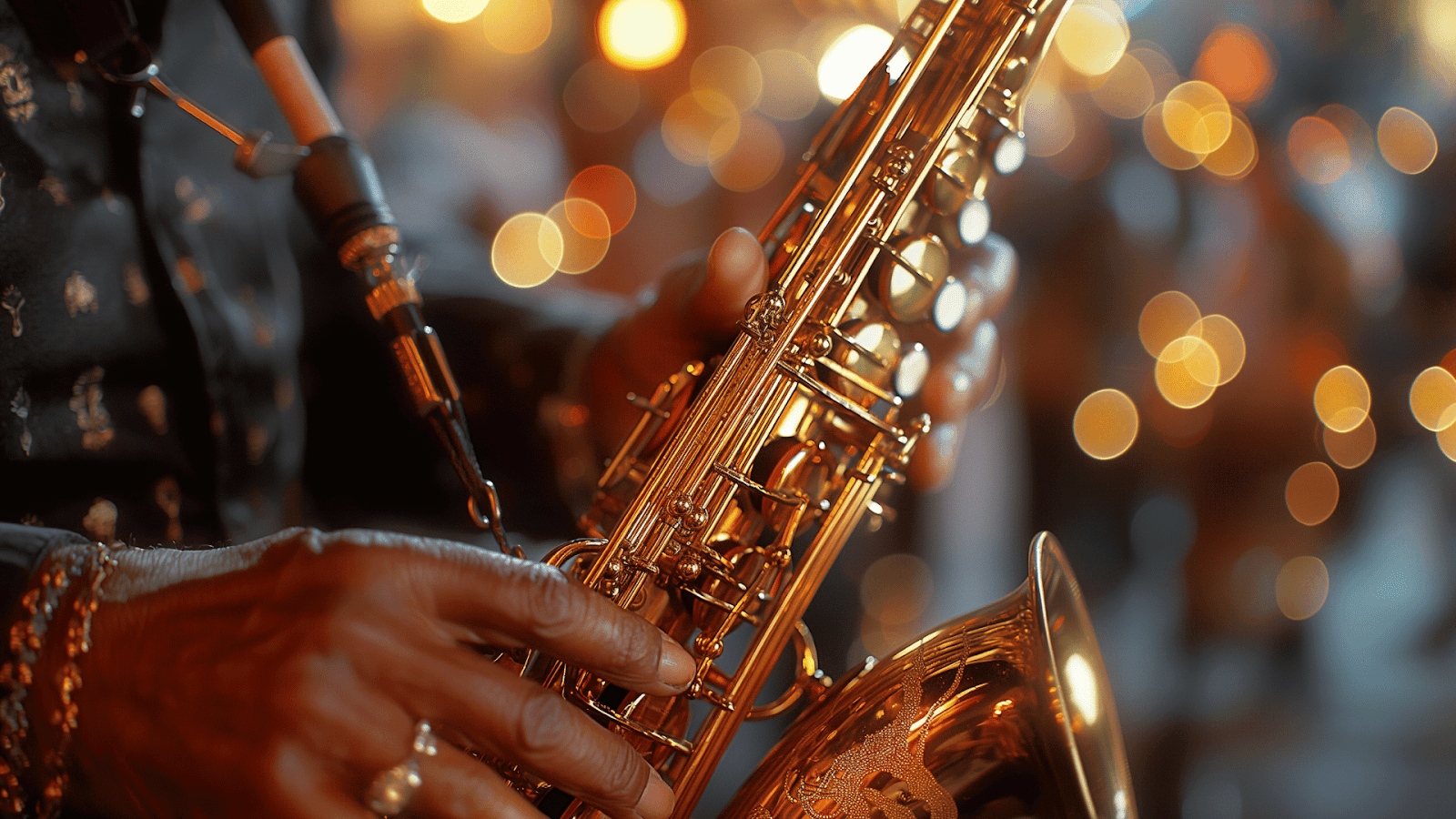 A musician playing saxophone at a jazz festival in July