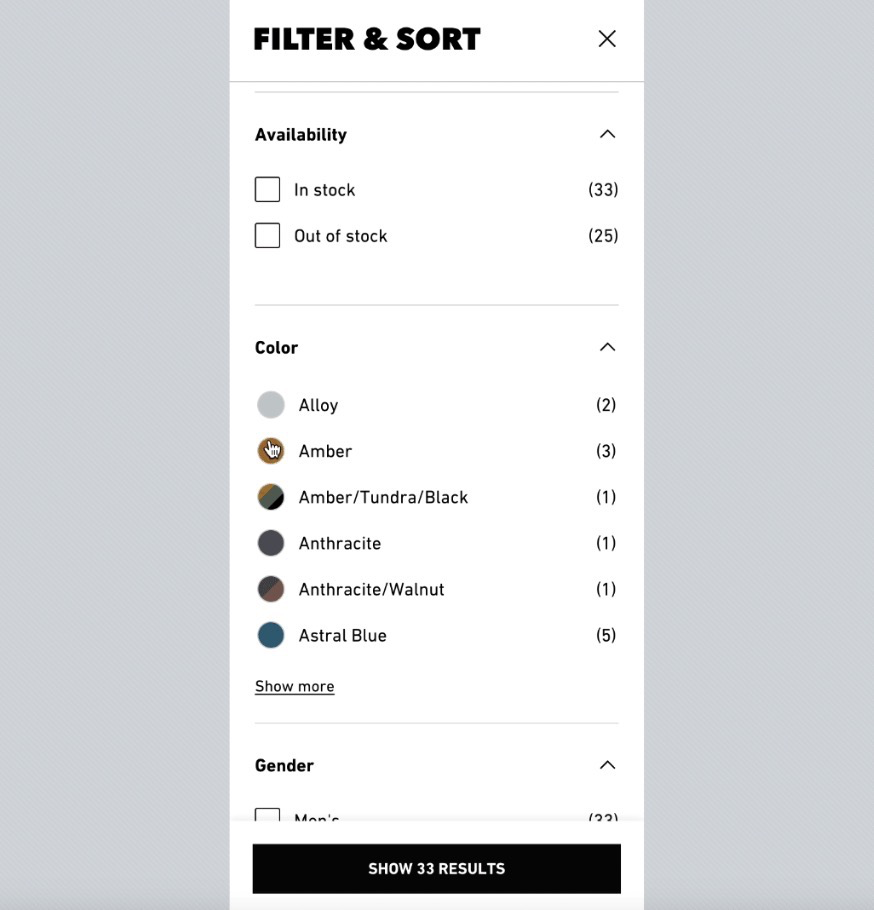 Mobile-friendly filter menu in the 