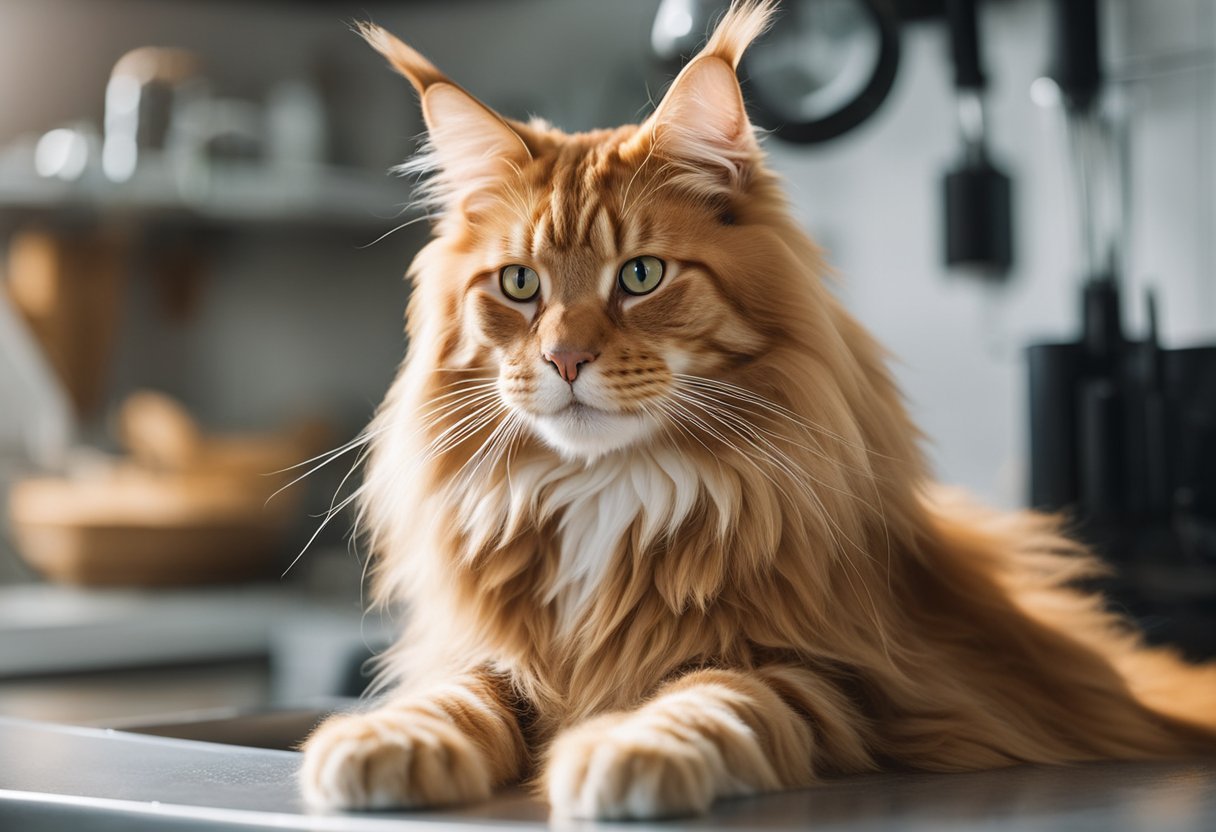 A ginger Maine Coon being groomed and cared for