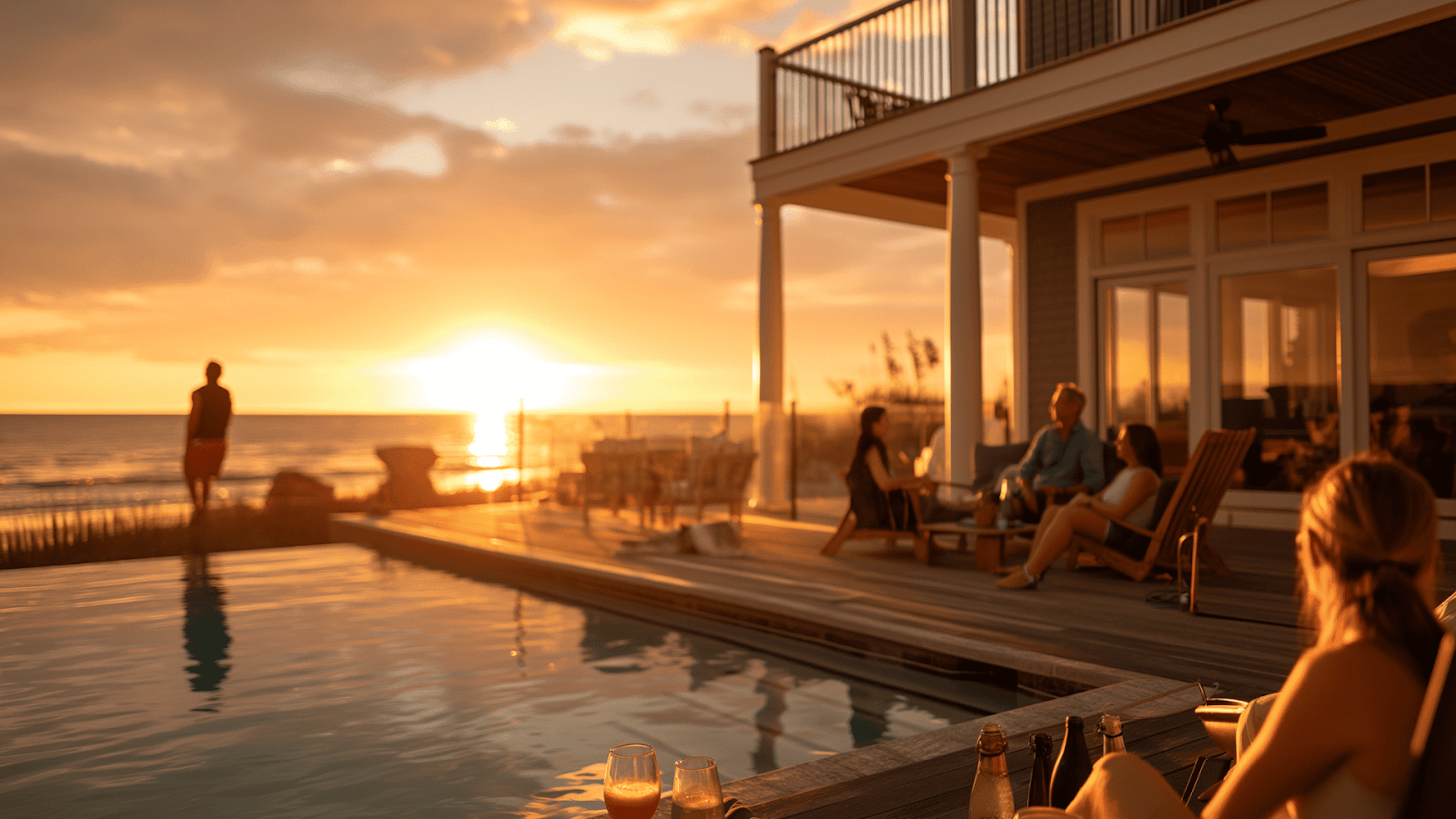 A large group enjoying a sunset by the pool in a luxurious vacation rental in Palmetto Dunes