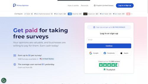 The Prime Opinion website offering to pay users up to $5 each for taking surveys and noting that the average user earned $11 the previous day. 