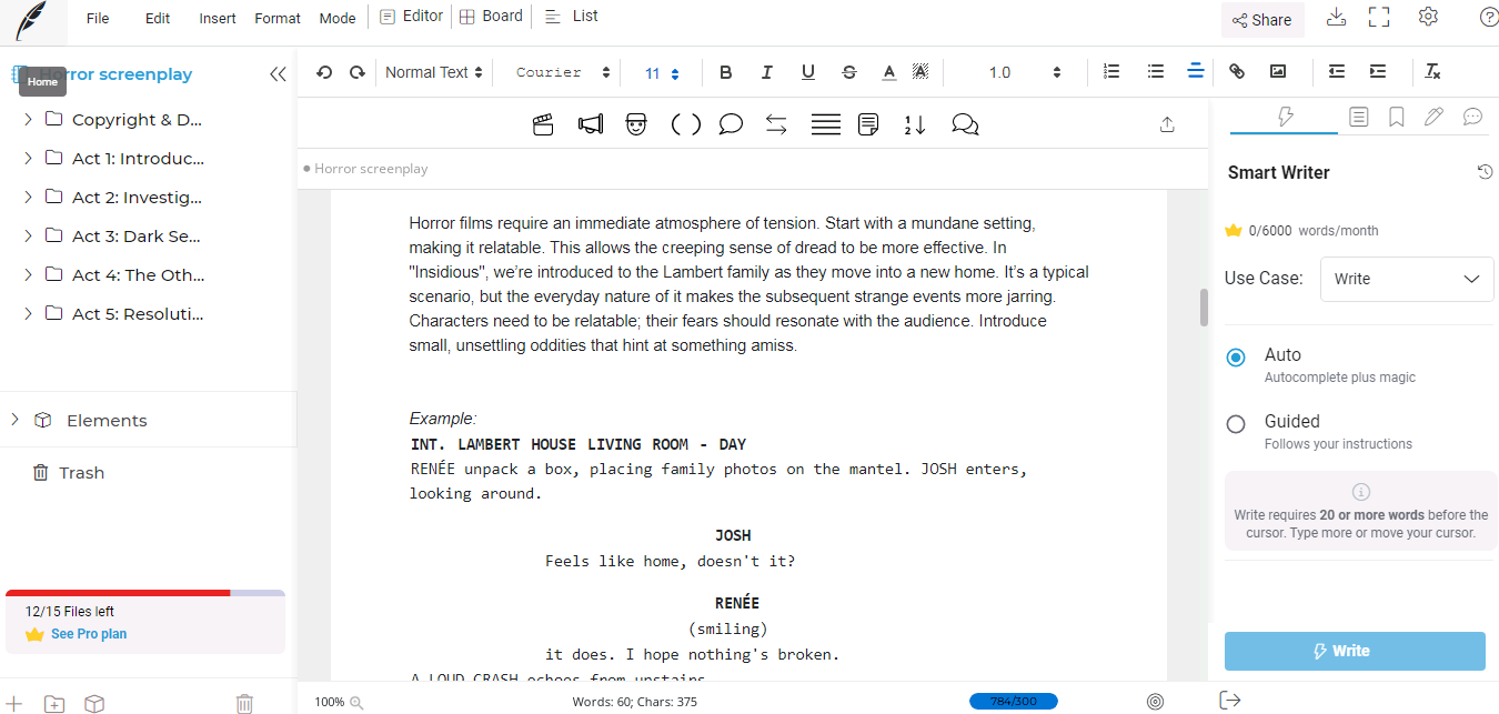 Horror screenplay template from Squibler