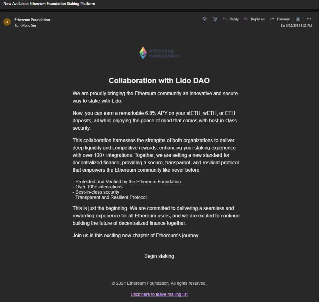Ethereum Foundation promotes a fraudulent Lido staking