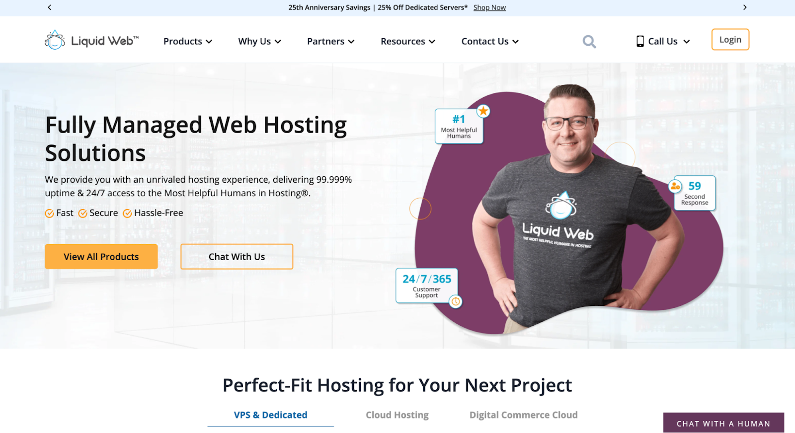 A screenshot of the Liquid Web website with an employee photo.