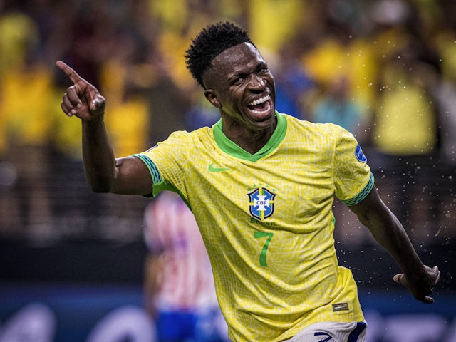 Vinicius Junior merayakan golnya untuk Brasil pada 28 Juni 2024 di Copa America