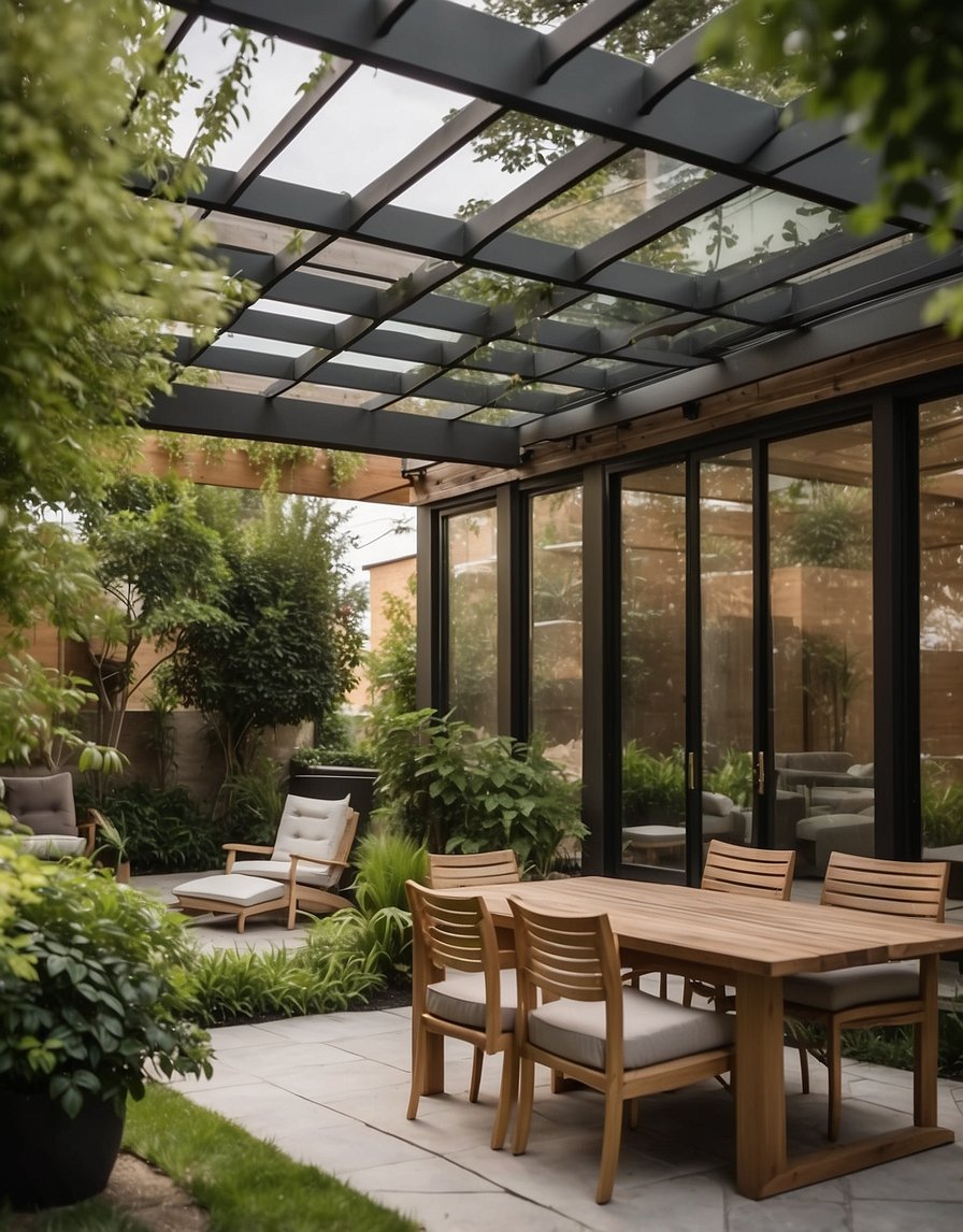A modern pergola with a retractable roof sits in a landscaped backyard, surrounded by lush greenery and comfortable outdoor furniture