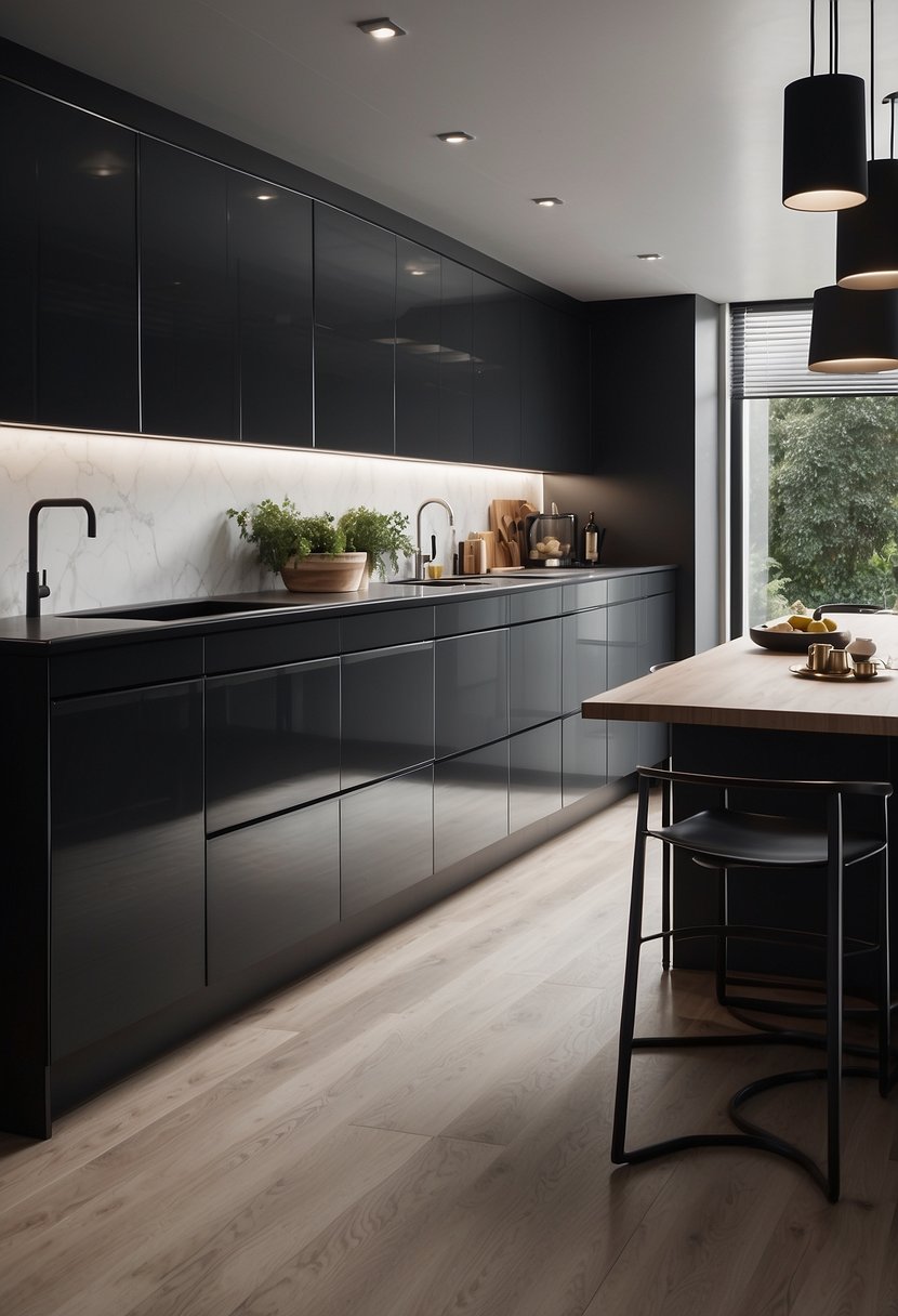 A sleek kitchen with high gloss charcoal cabinets, modern and minimalist, with 35 gray cabinets lining the walls