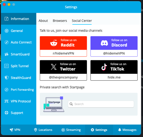 Screenshot of hide.me VPN macOS app with Social center tab open and Startpage widget
