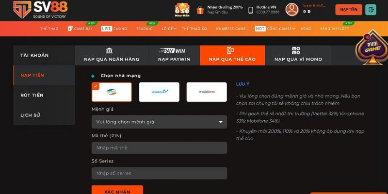 Điều kiện để nạp tiền vào sv88 rất dễ hiểu