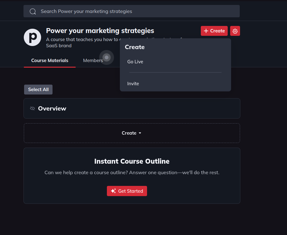 go live and invite members in your course space