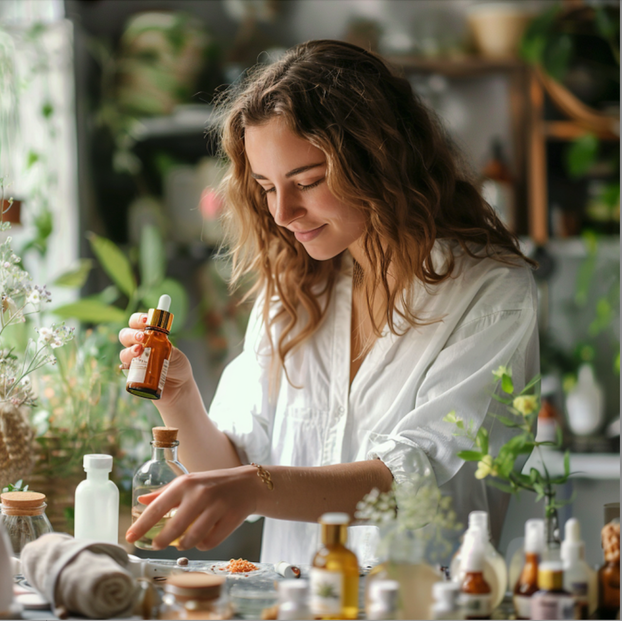 Woman with wavy hair in white robe carefully adding essential oil drops from an amber bottle to a mixture. She's surrounded by various bottles, jars, and natural ingredients in a plant-filled space, embodying the creation of homemade natural skincare products.