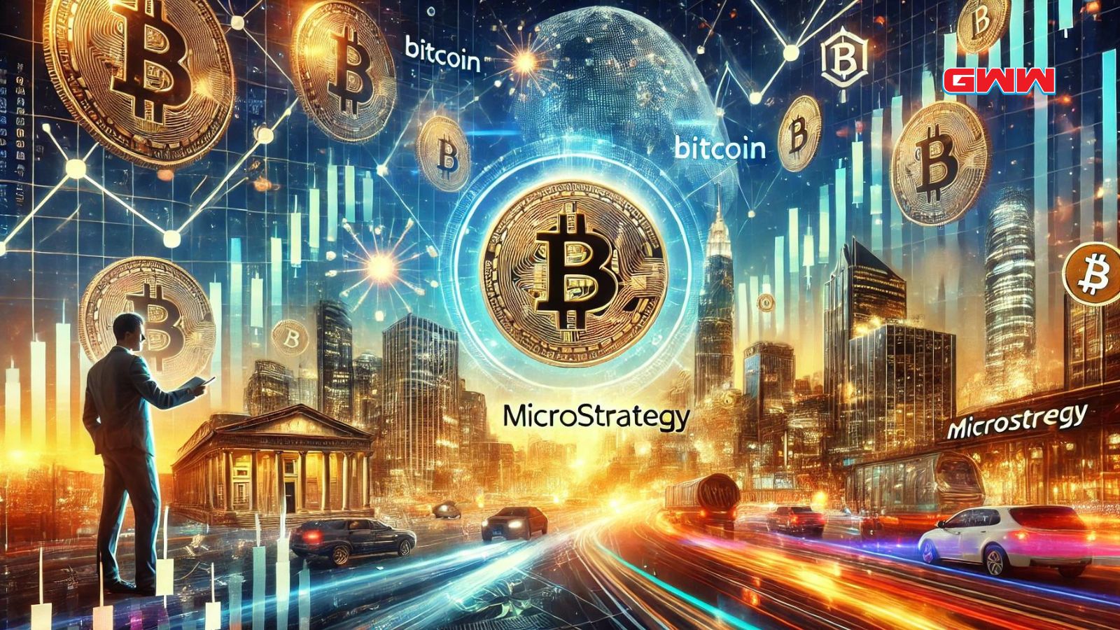 A dynamic scene illustrating MicroStrategy's pioneering role in Bitcoin capital markets