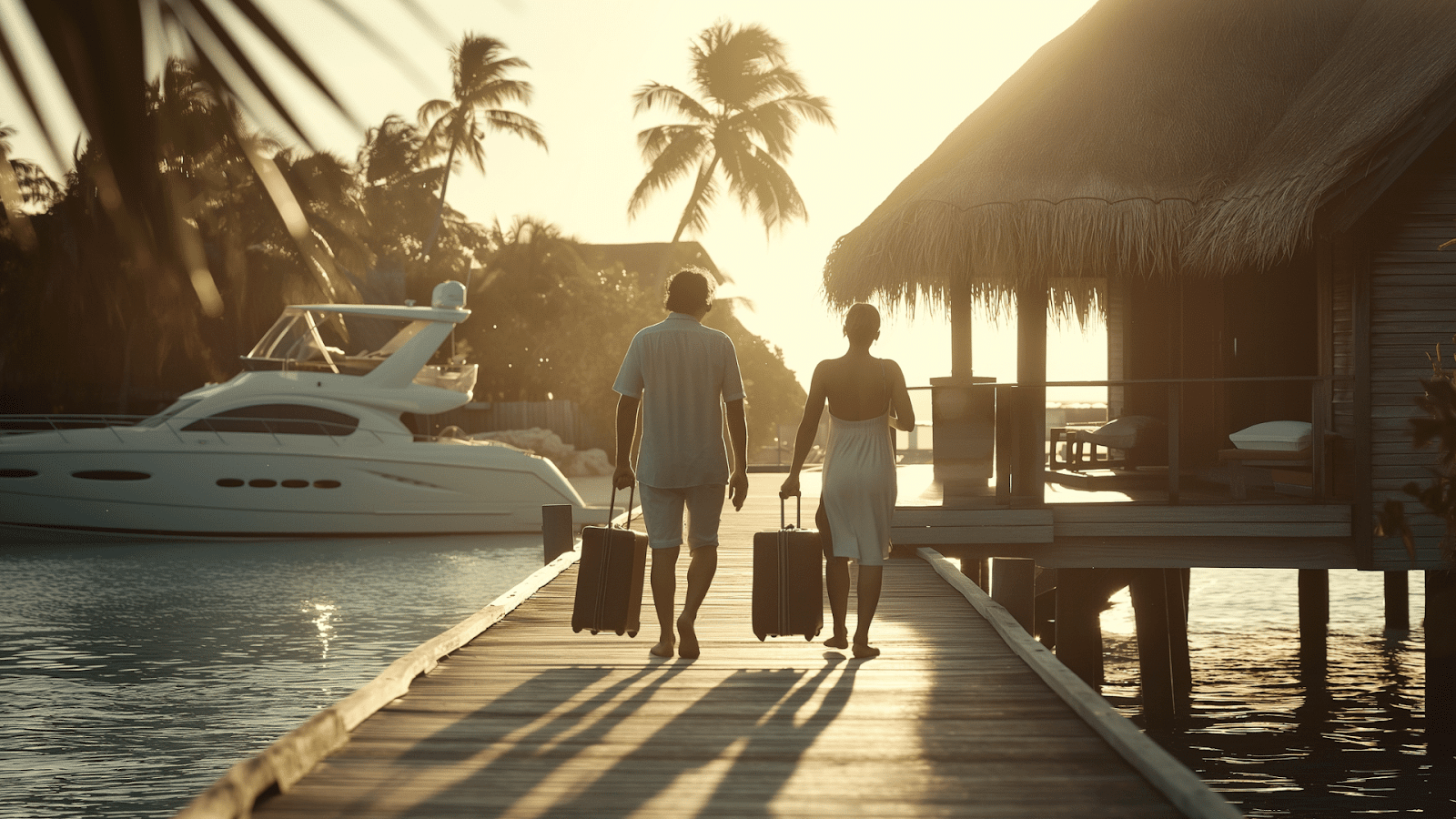 A couple walking to their private overwater bungalow at sunset in the Maldives.