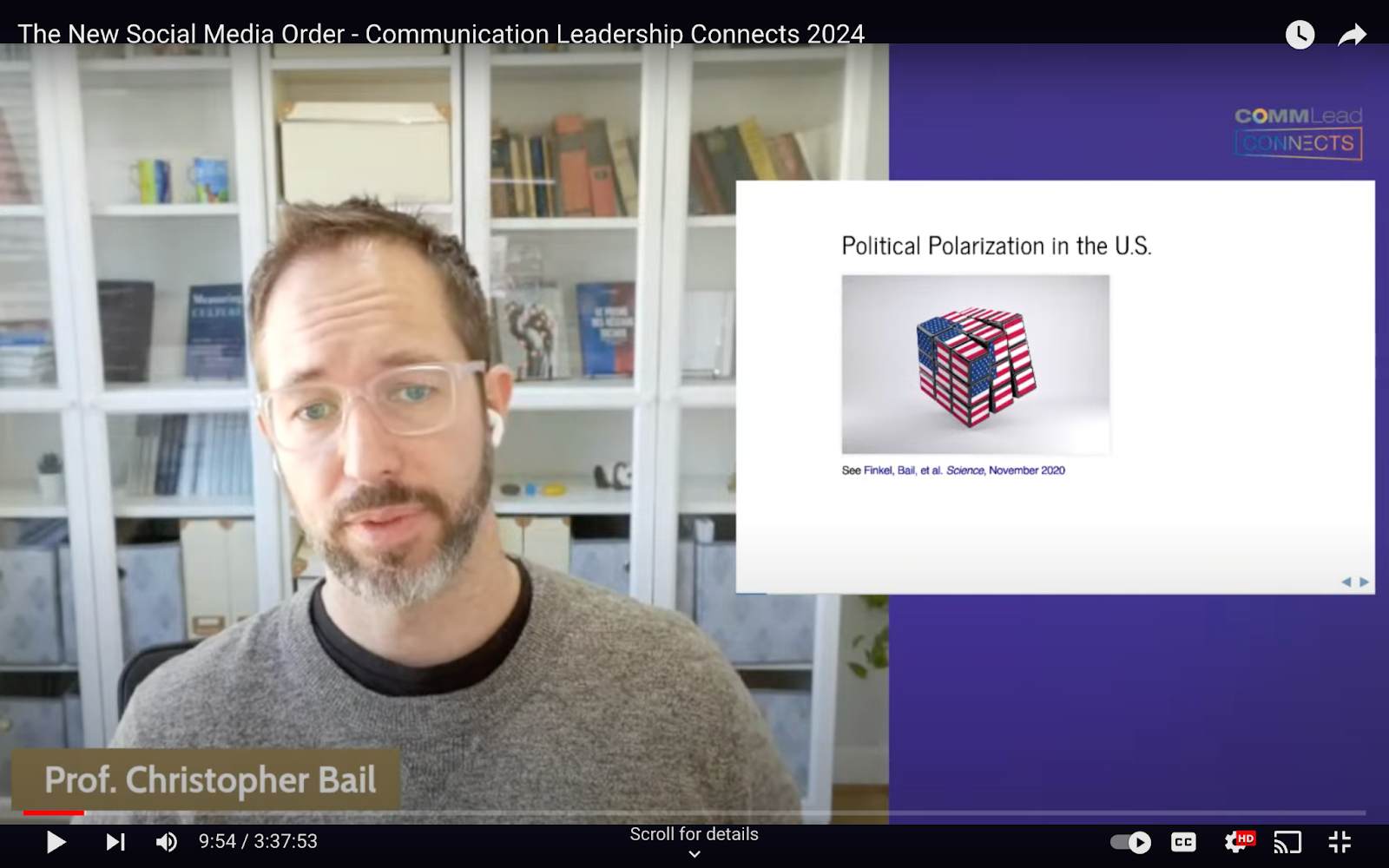 A screenshot of Professor Christopher Bail of Duke University, talking about Political Polarization in the US