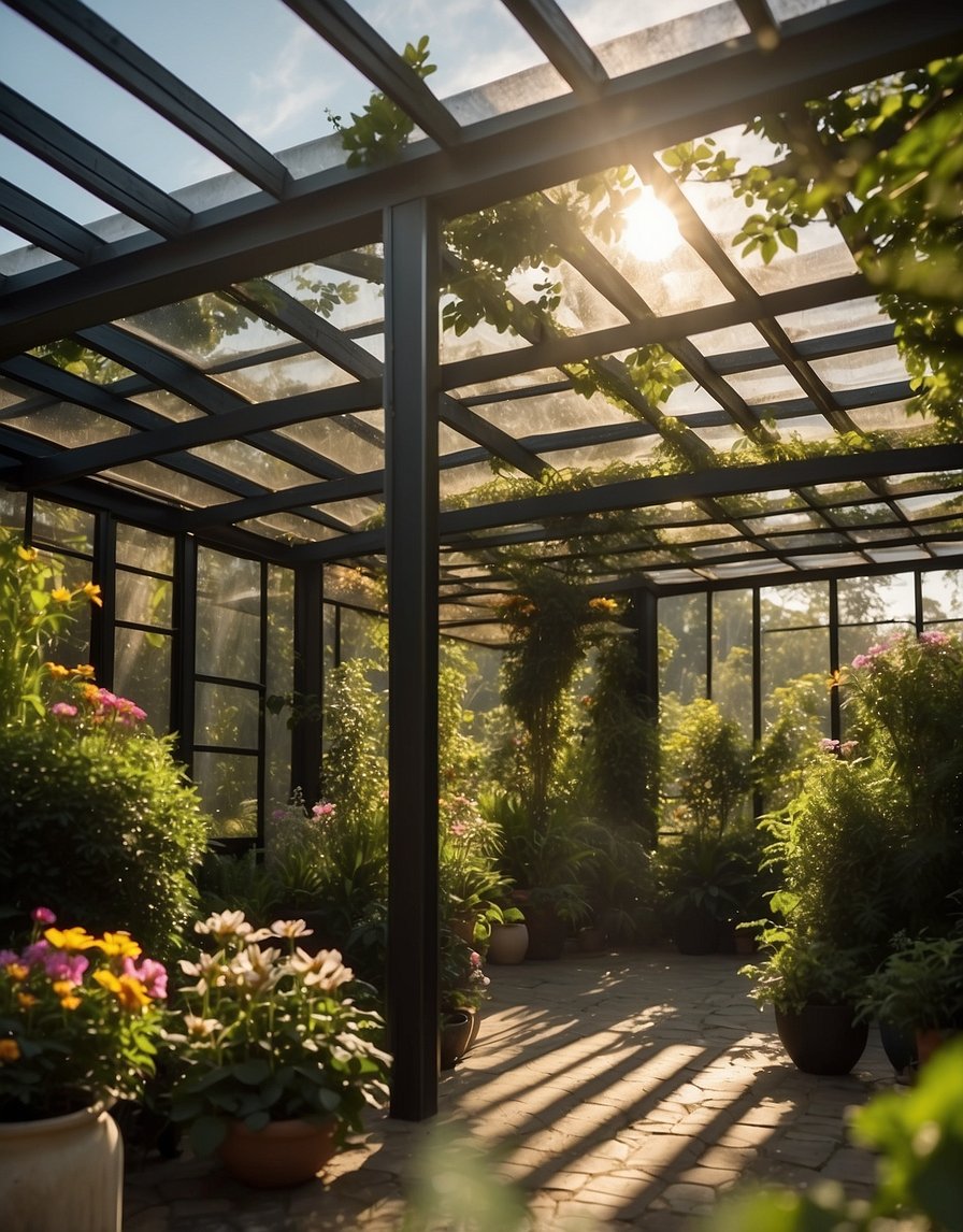A pergola stands with glass roof panels, surrounded by lush greenery and blooming flowers. Sunlight filters through the panels, casting a warm glow over the scene