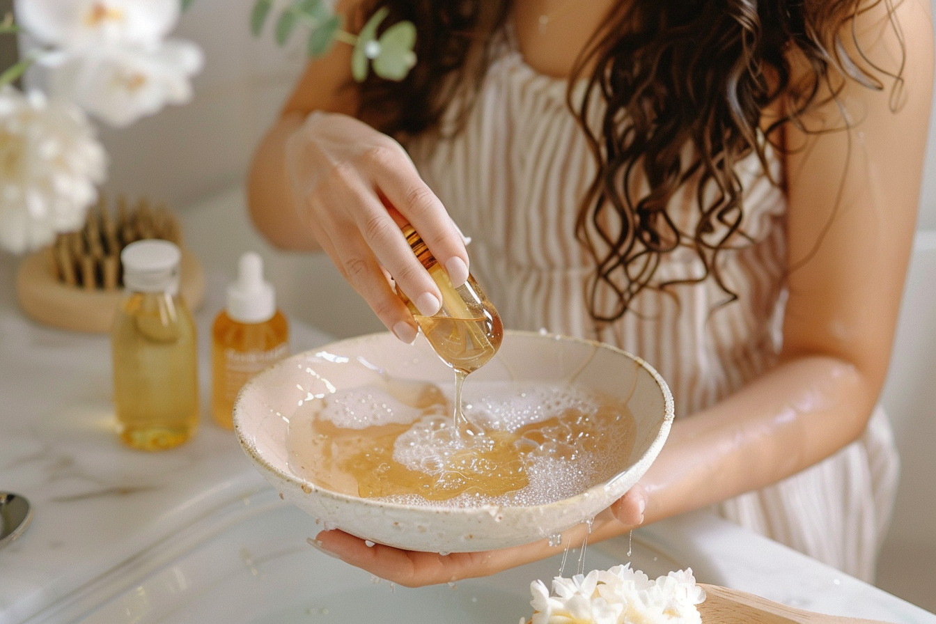 a woman using a diy natural body wash made from castile soap, honey and castor oil