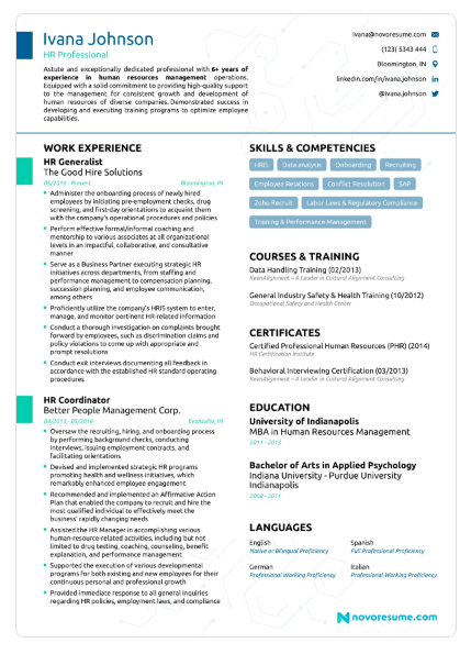 ATS resume template; example of an ATS-friendly CV for an HR specialist