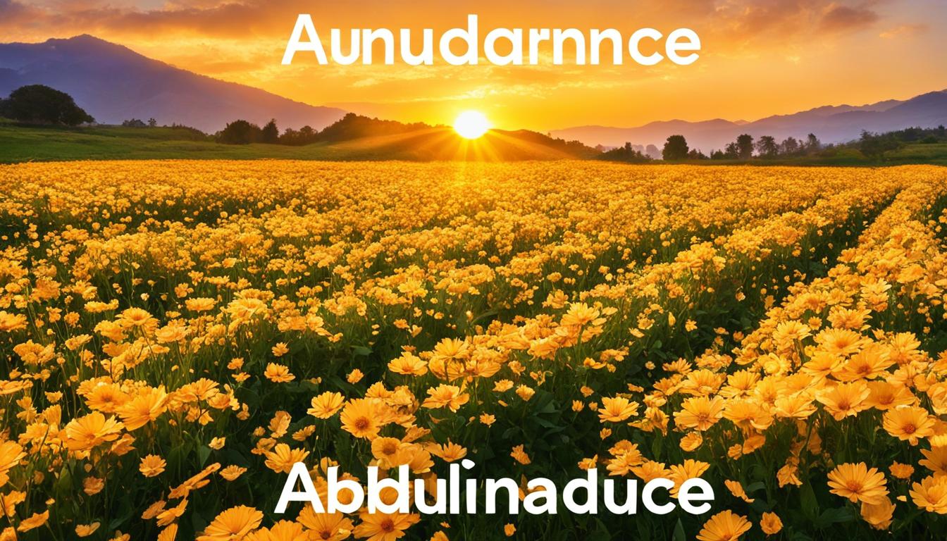 A golden sunrise shining down on a field of blooming flowers, with the words "abundance" and "wealth" written in shimmering gold above the scene. The flowers are overflowing with petals and radiate vibrant energy, reflecting the bountiful universe that is effortlessly manifesting abundance in your life.