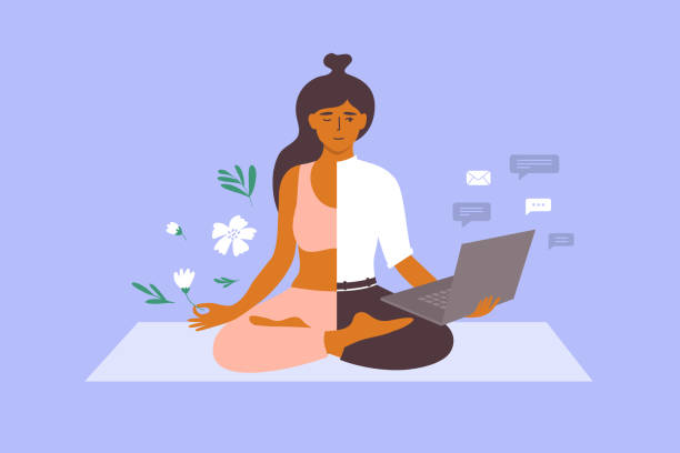 Vector illustration of work life balance concept with business woman meditating on yoga mat holds laptop and flower in hand Work life balance vector concept. Business woman meditating on yoga mat holds laptop and flower in hand. Female character choosing between health relax and career. Dividing office vs rest illustration self care stock illustrations