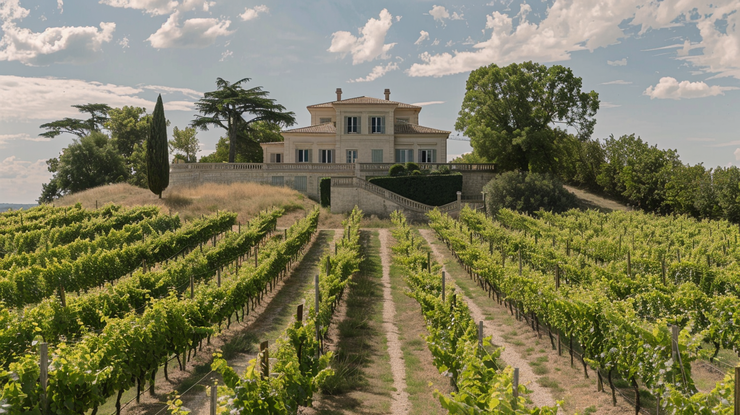 A villa perched at the top of a vineyard in Bordeaux, France.