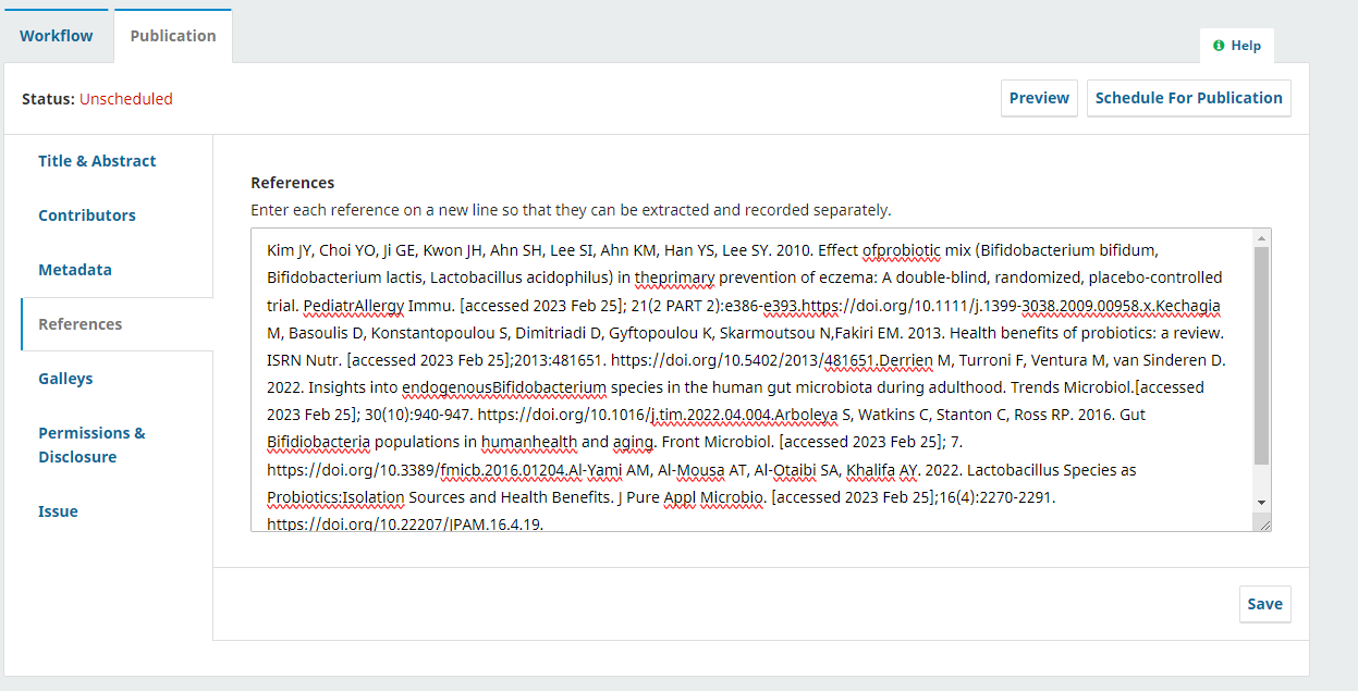 The 'References' text field is shown containing unformatted text. New citations do not start on new lines, and spaces between some words are missing where line breaks were deleted from the text.