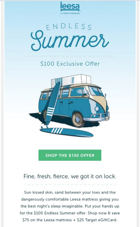 A blue van with a surfboard and a green sign
Description automatically generated