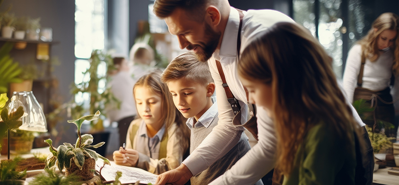 Image of a teacher and students engaged in painting