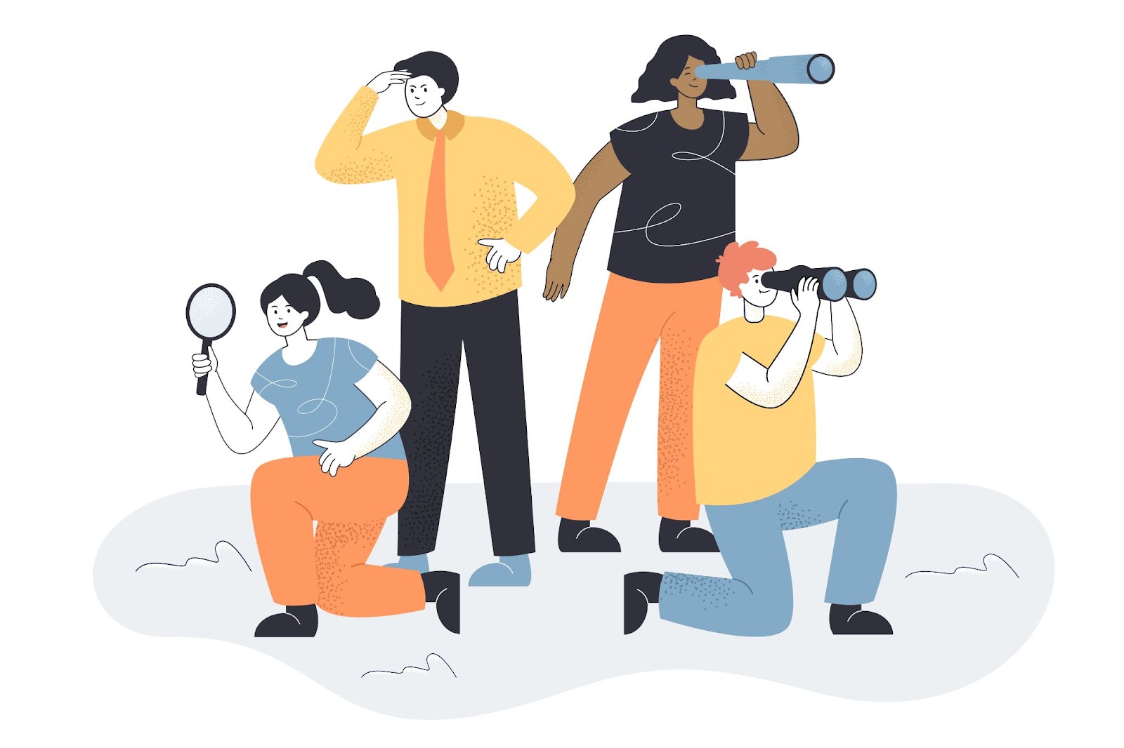 (Illustration of four people engaging in a virtual scavenger hunt, using a magnifying glass, binoculars, and a telescope. Some are standing, and some are kneeling on the ground.)