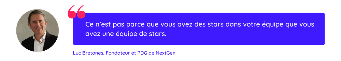 Citation de Luc Bretones sur l'importance de recruter les bonnes personnes pour améliorer la cohésion d'équipe