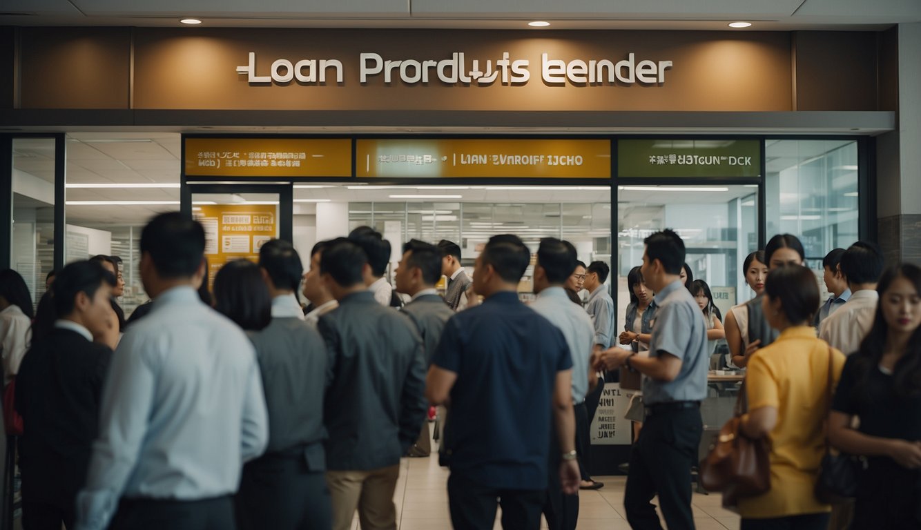 A busy office with a sign "Loan Products Wah Leong Licensed Money Lender" on the door. Customers waiting in line, staff assisting