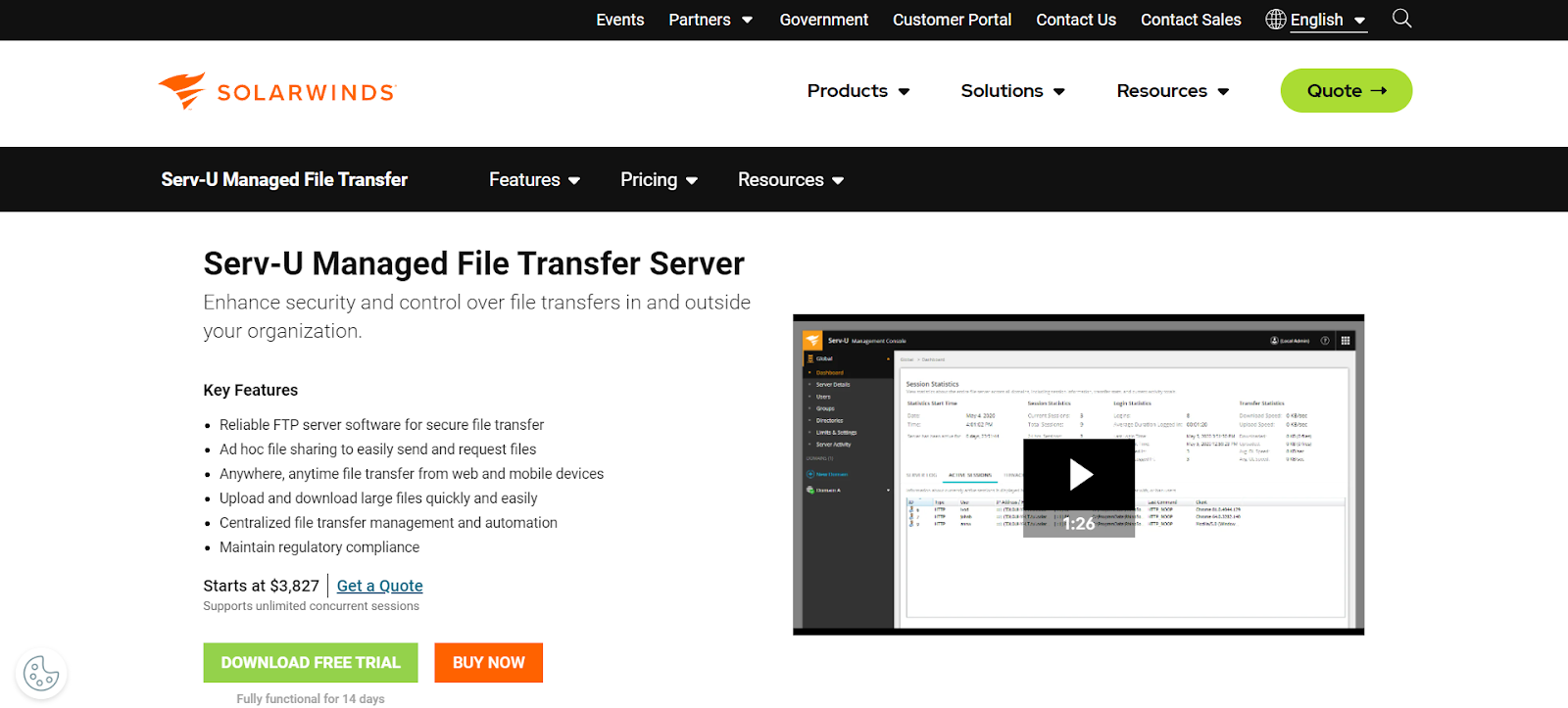 A screenshot of SolarWinds Serv-U Managed File Transfer Server's website