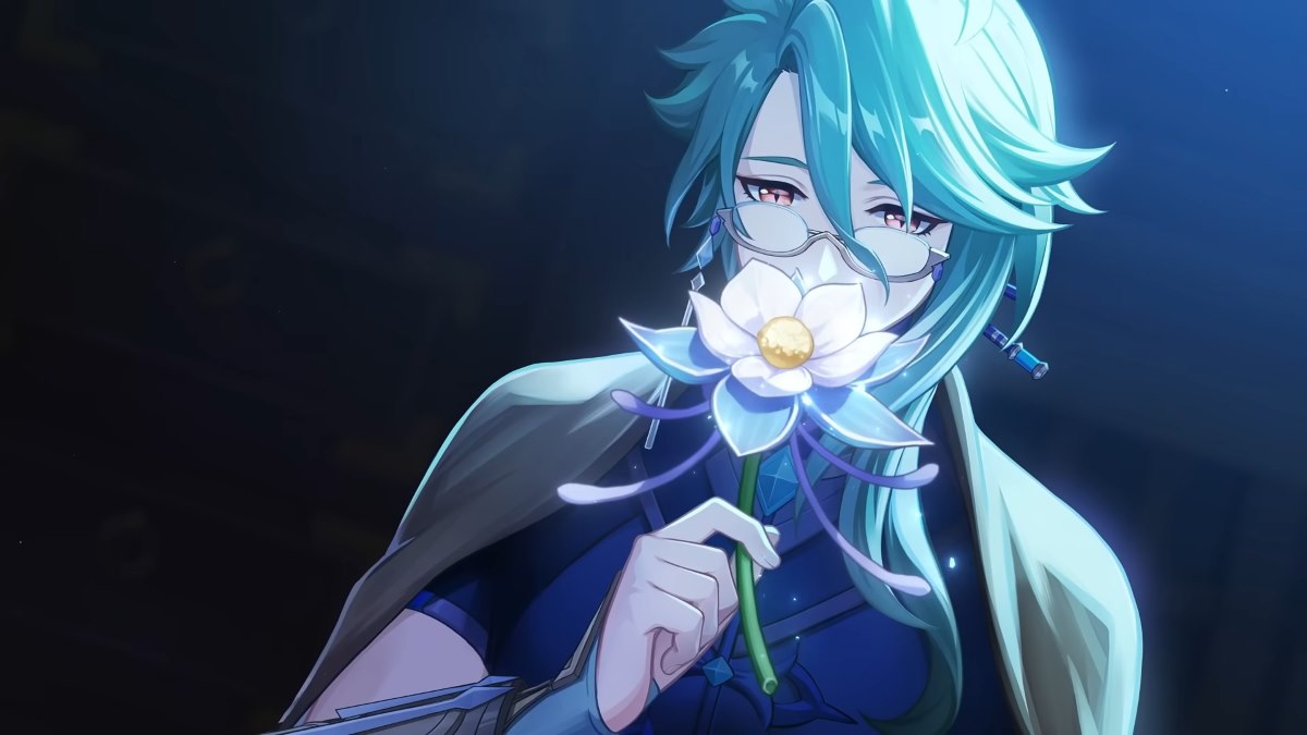 Baizhu smelling the flower in Genshin Impact.