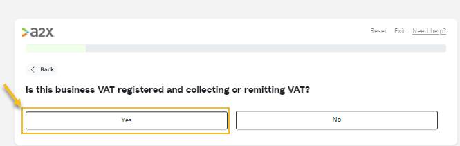 A screenshot of the A2X Accounts & Taxes Mapping questionnaire: Is your business collecting or remitting VAT?