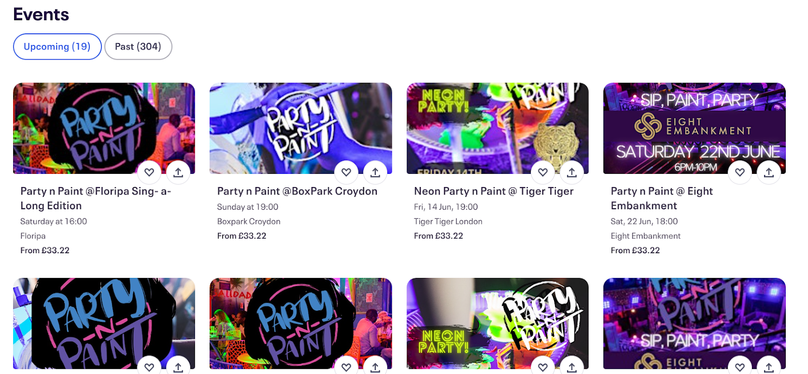 Screenshot of upcoming events on an Eventbrite page