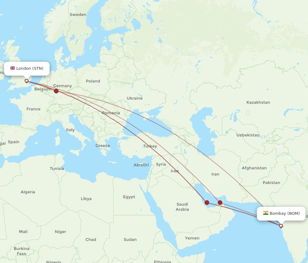 All flight routes from Mumbai to London, BOM to STN - Flight Routes