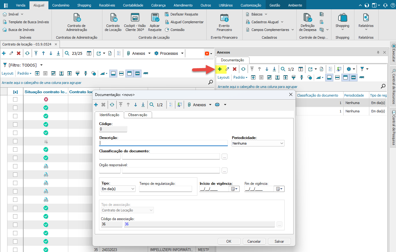 Print do sistema que mostra o FileRepo nos documentos de aluguel, uma das inovações da Release 12.1.2406 TOTVS Construção.