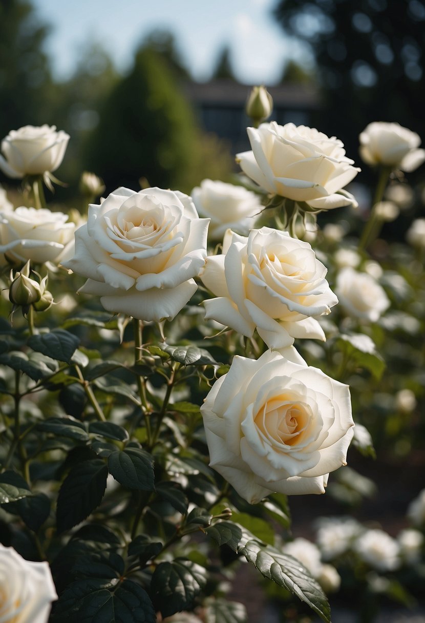 A garden with 31 white roses and various other white flowers in bloom